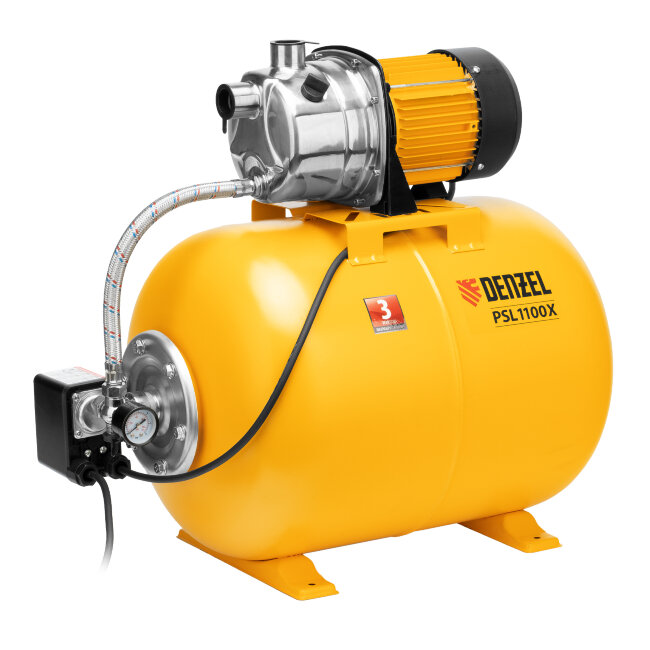 Насосная станция PSL1100X, 1100 Вт, 3600 л/ч, ресивер 50 л, подъем 45 м, нержавейка Denzel в Омске